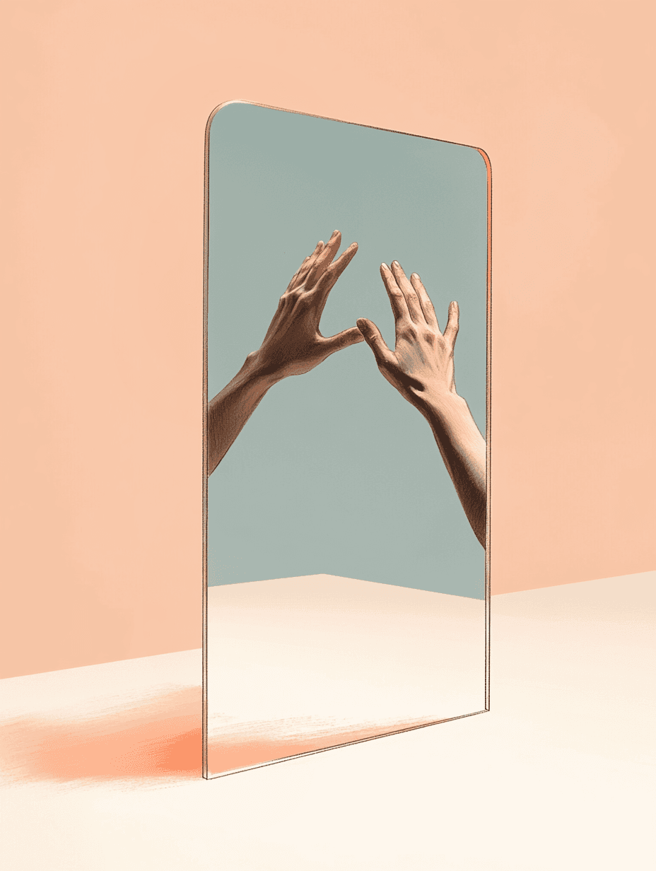 Hands reaching towards a mirror